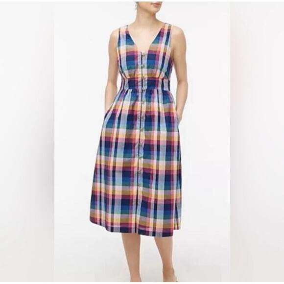 J. CREW Women 2 Mixed Madras Plaid Button-Up Picnic Midi Dress V-Neck Pockets - Picture 3 of 15